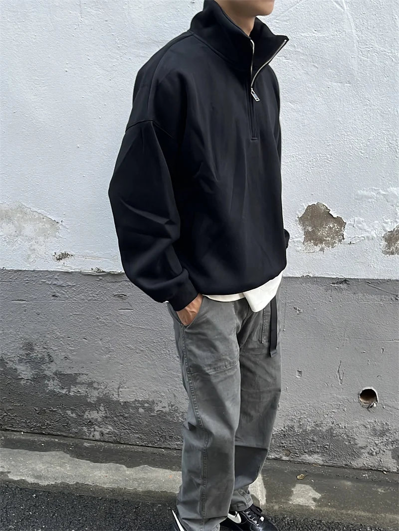 2024 New Half Zipper Design Sweatshirts For Men Autumn Y2K Vintage Stand Collar Pullover Hoodies Korean Fashion Casual