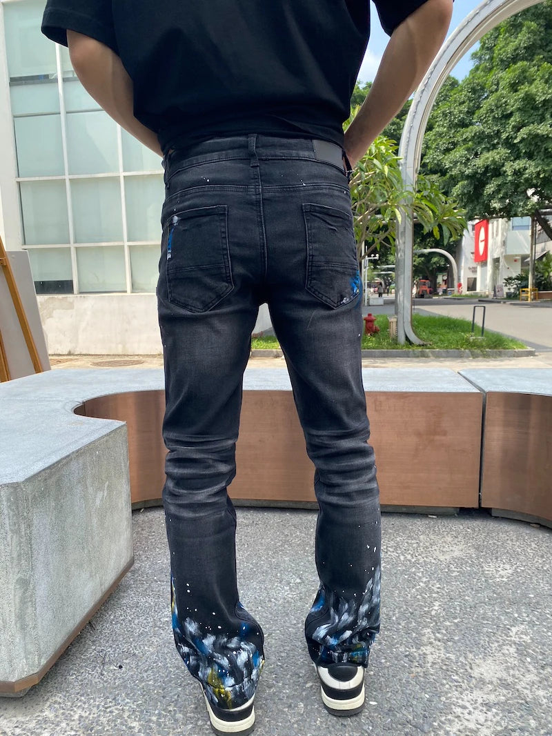 graffiti printed skinny denim jeans men casual buttons fly slim straight biker trousers jeans fashion hip hop jean pants joggers unique joggers style 3397