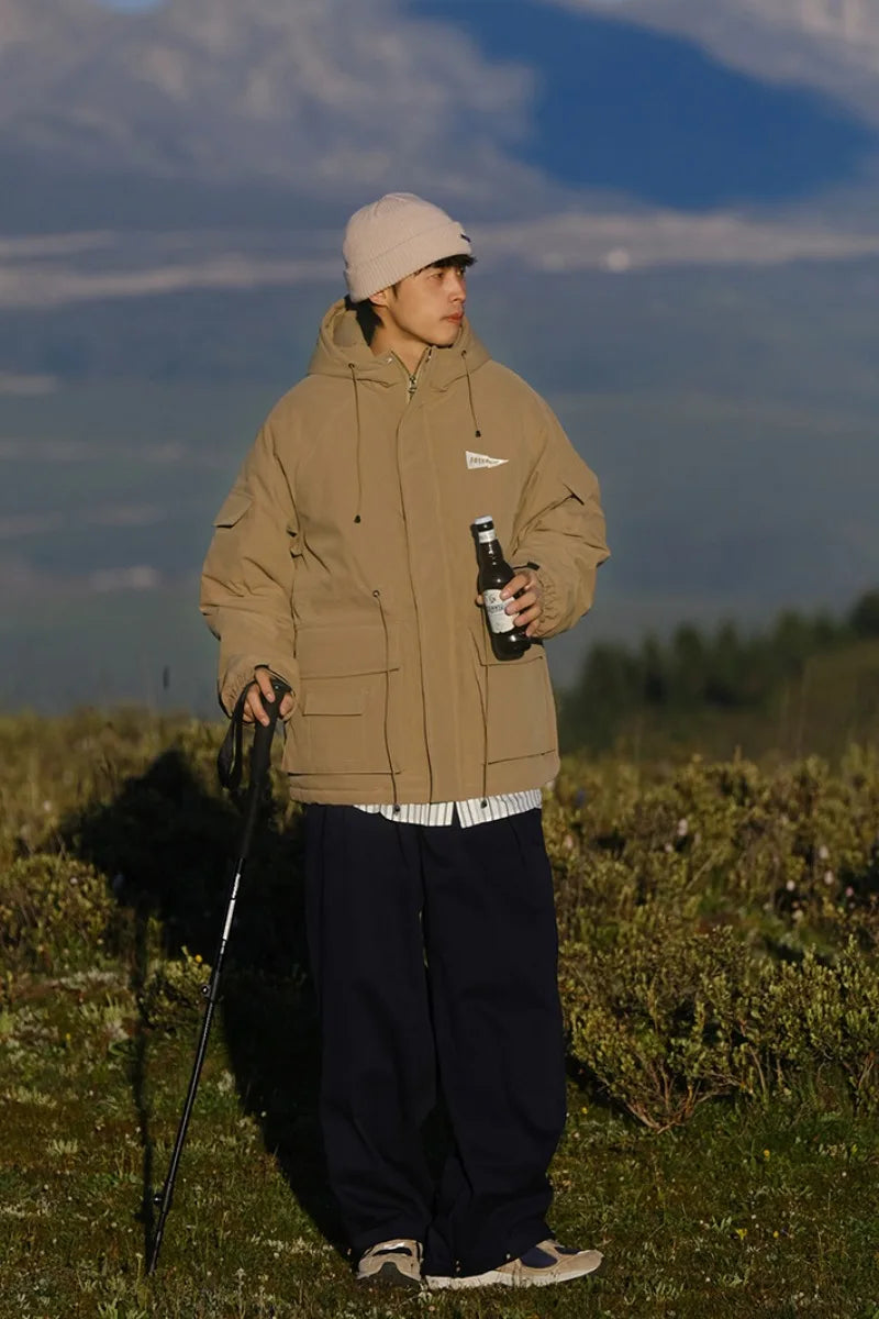 Outdoor Multi Pocket Thicken Man Jacket Winter Retro Warm Camping Cotton-padded Clothes Casual Print Loose Hooded Fashion Coat