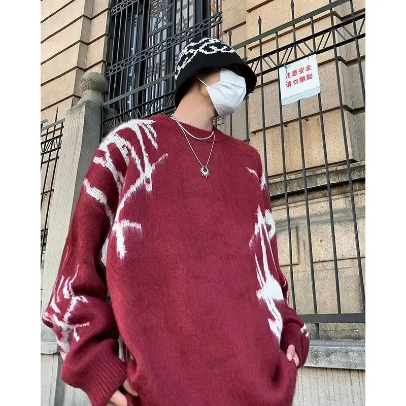 oversized knit pullover, fall/winter fashion, soft knit pullover with flame design, y2k fashion statement