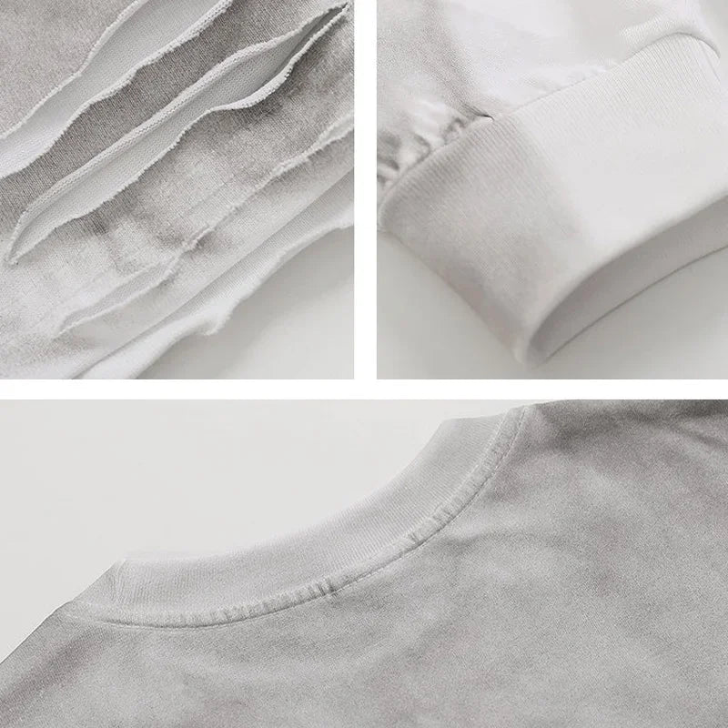 Vaporwave Barcode glitch – Mens Streetwear Hole Washed Cotton Long Sleeve Loose Casual
