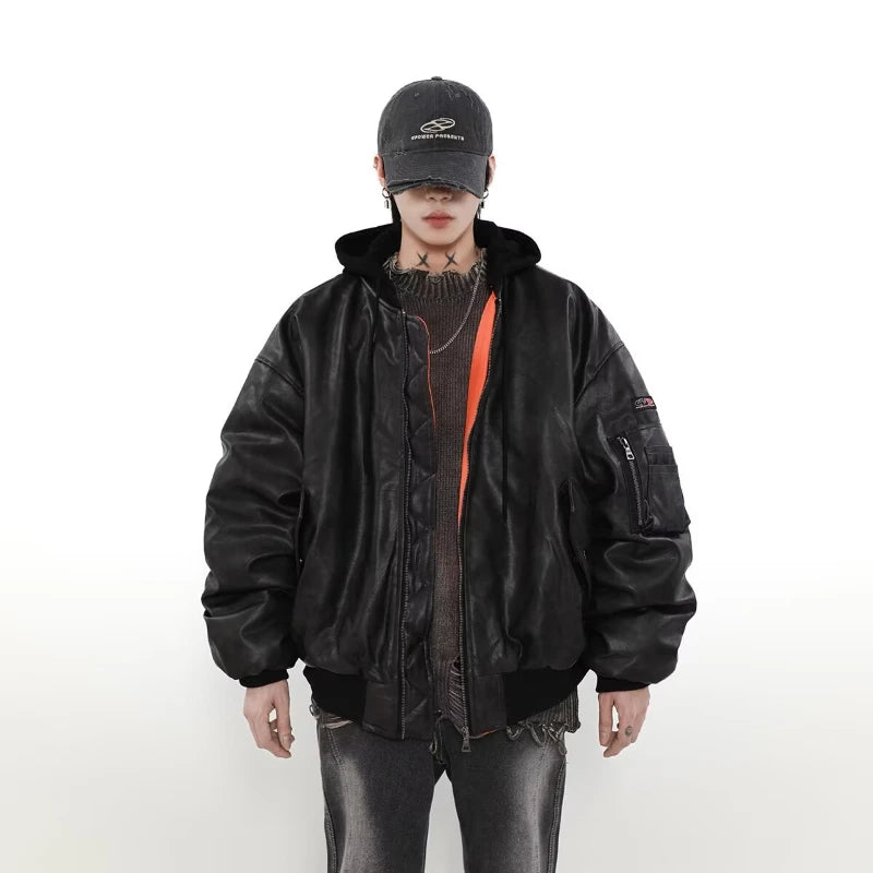Winter American Fake Two Pieces Parkas Mens Heavy Weight Thicken Hip Hop PU Leather Cotton Jacket Trend Loose Motorcycle Coats
