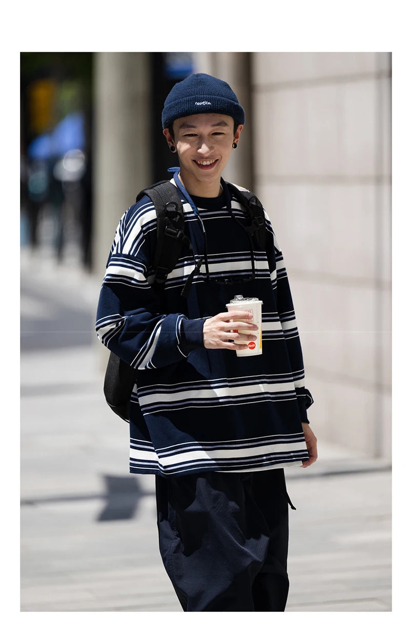 Retro Korean Street Pullover – Autumn Japanese Retro Striped Sweatshirts For Men And Women Y2K Streetwear Crewneck Long Sleeve T Shirts Casual Pocket Knit Tops | Zip Knit Drop #57