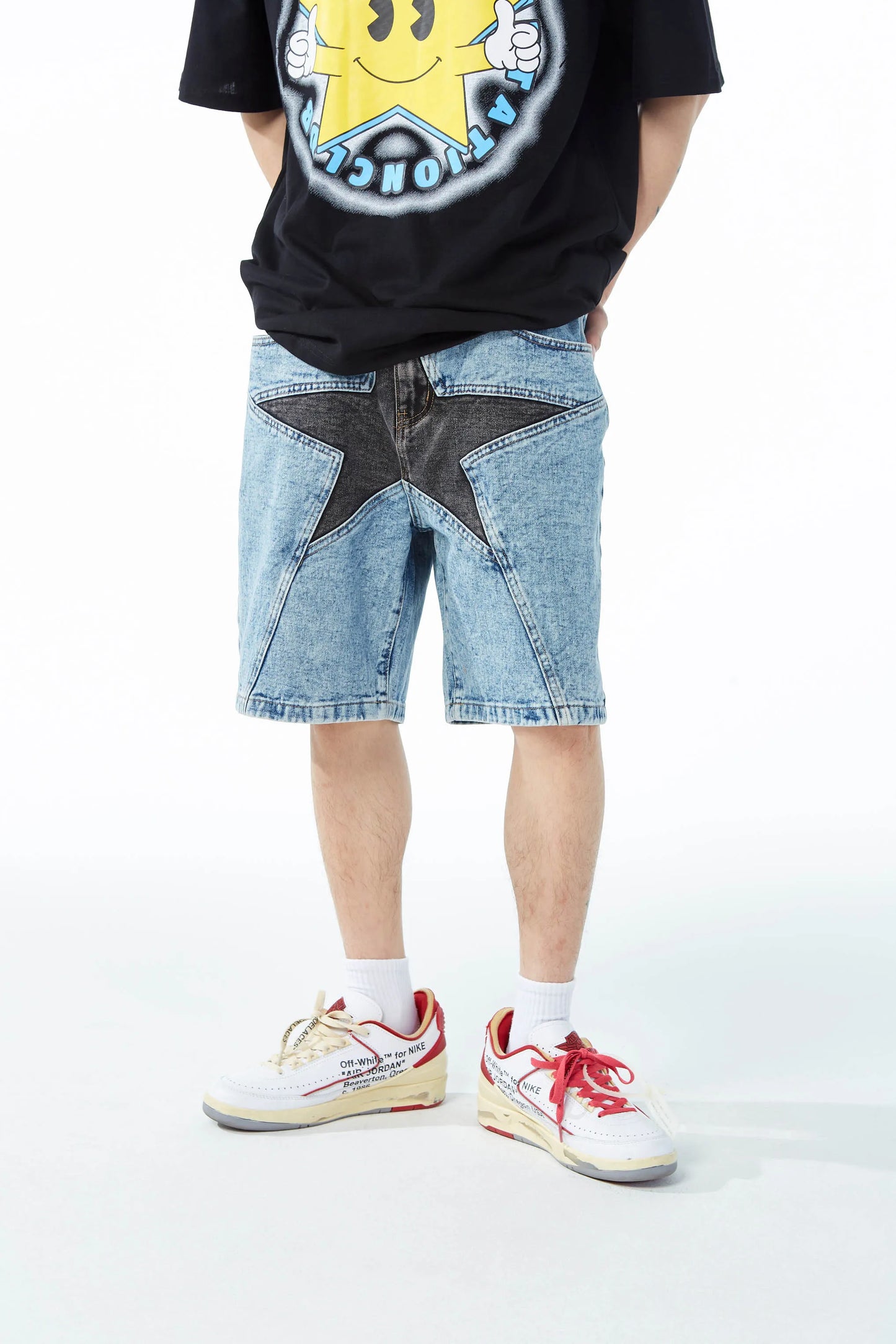 hip hop loose denim shorts pants fashion patchwork stars half pant men summer casual zipper streetwear short joggers men shorts unique joggers style 2827