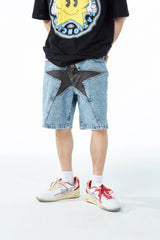 hip hop loose denim shorts pants fashion patchwork stars half pant men summer casual zipper streetwear short joggers men shorts unique joggers style 2827