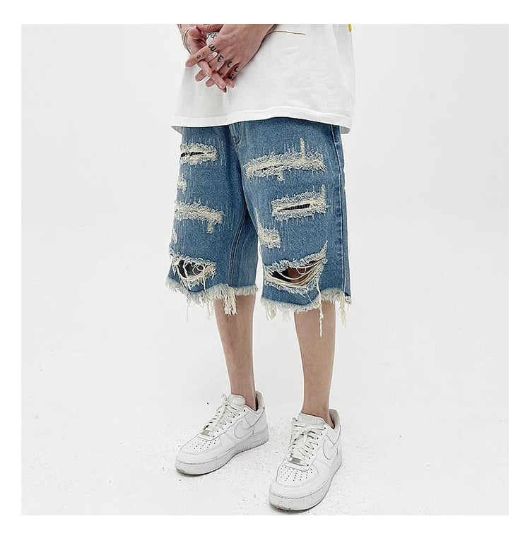 Mens Fashion Denim Jean Shorts Summer Casual Destroyed Ripped Destressed Holes Loose Shorts Hip Hop Streetwear Shorts Joggers