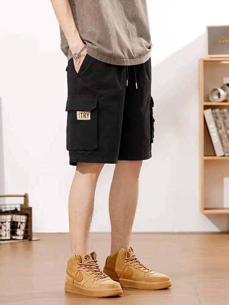 Men's Straight Tooling Shorts for Men Korean Fashion Belt Decoration Khaki Casual