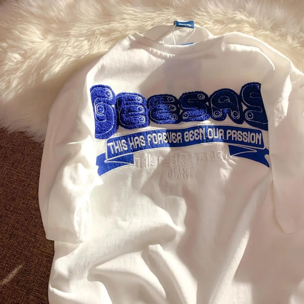 Harajuku Oversized Shirt – Retro Klein Blue Flocking Embroidery T Shirts Fashion Preppy – Modern Streetwear for Everyone