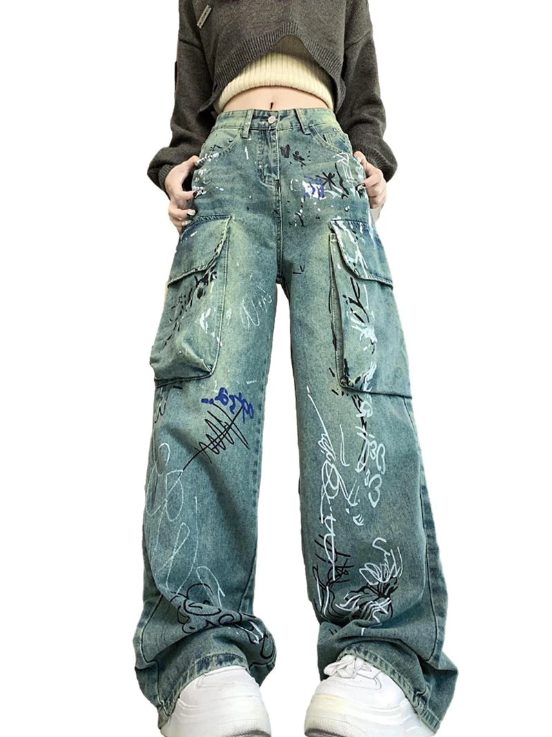 graffiti printed denim jeans unisex side pocket straight cargo jean trousers hip hop streetwear casual loose joggers jeans pants unique joggers style 3703