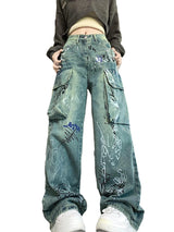 graffiti printed denim jeans unisex side pocket straight cargo jean trousers hip hop streetwear casual loose joggers jeans pants unique joggers style 3703