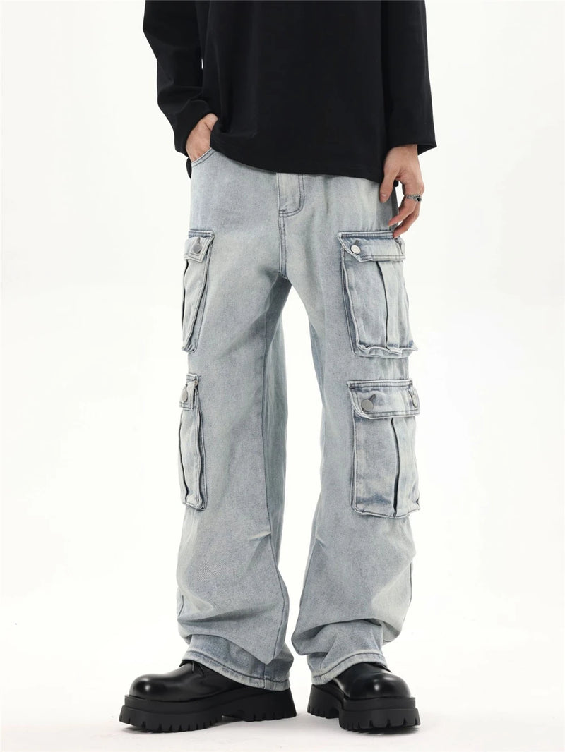 2024 multi pocket jeans vintage mens harajuku cargo denim pants retro hip hop straight loose jean pants unique cargo style 890