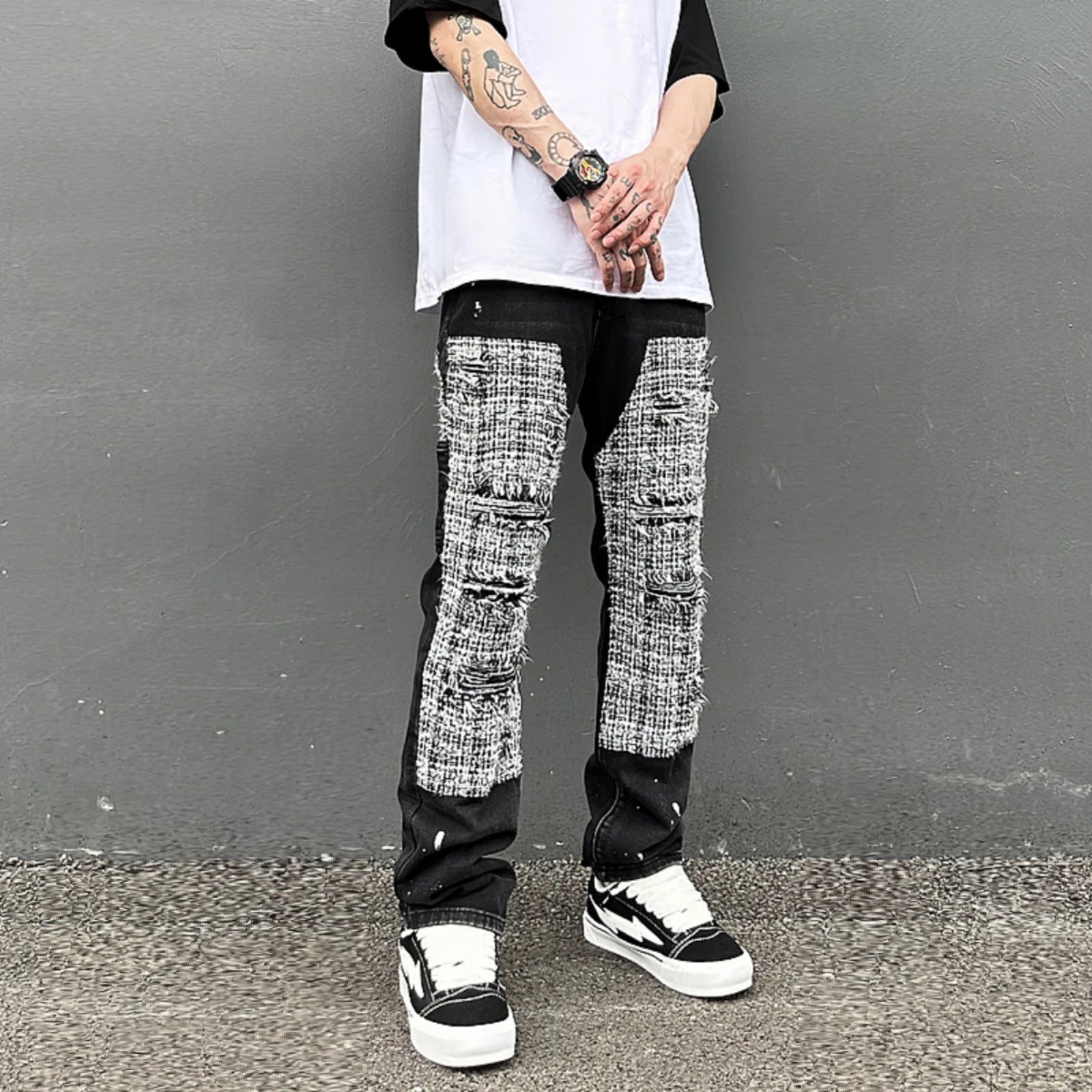 black white checkered patchwork straight leg denim trousers men hip hop splashed ink logging pants jeans slim fit washed torn ripped baggy denim