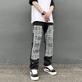 black white checkered patchwork straight leg denim trousers men hip hop splashed ink logging pants jeans slim fit washed torn ripped baggy denim