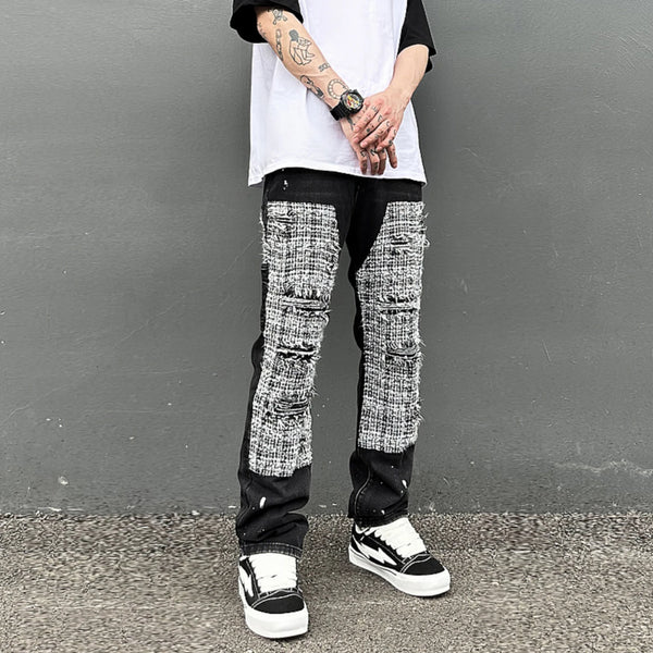 black white checkered patchwork straight leg denim trousers men hip hop splashed ink logging pants jeans slim fit washed torn ripped baggy denim
