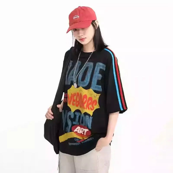 Skatercore Graphic tee – American Colored Striped Graffiti Letter Splicing Short Slee