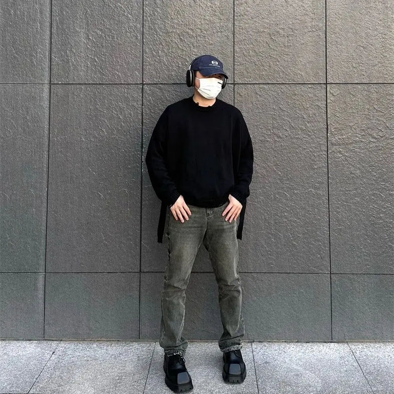 techwear flame knit sweater with structured oversized fit, ideal for cold streetwear layers, men’s streetwear clothing piece 