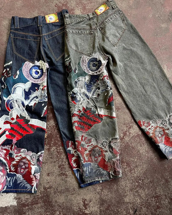 y2k jeans harajuku punk oversized graphic embroidery baggy jeans men and women wide leg jeans hip hop casual retro streetwear vintage washed jeans