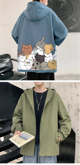 Black Cat Print Baseball Jacket Boys Long Sleeve Loose Ins Harajuku Hi
