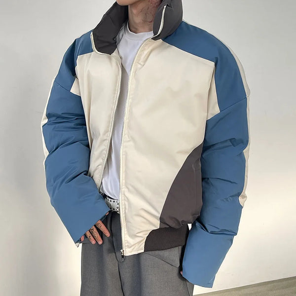 Retro Stand Collar Winter Jacket Men Zip Up Patchwork Cotton-padded Lightweight Parkas Spring Unisex Loose Autumn Short Outwear