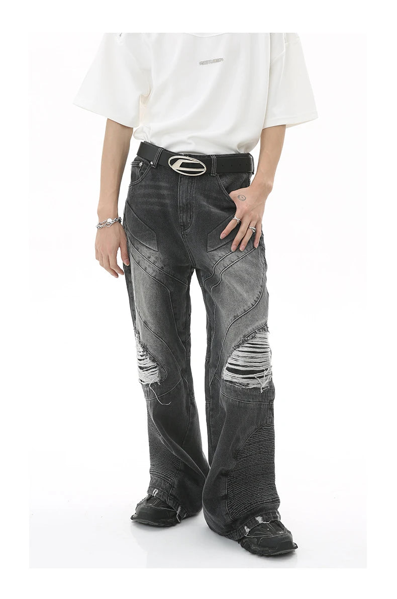 fashion loose streetwear denim jeans new casual wide legs straight jean pants hip hop ripped joggers baggy jeans men clothing unique joggers style 4392