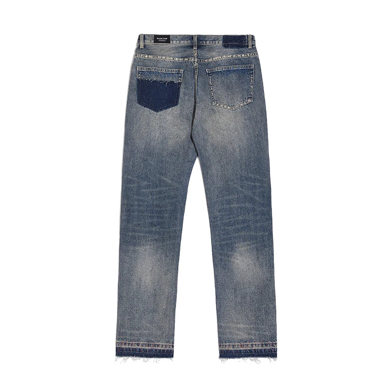 hole ripped retro straight spliced mens jeans streetwear washed pcoekts distressed denim trousers loose hip hop jean pants unique jeans style 521