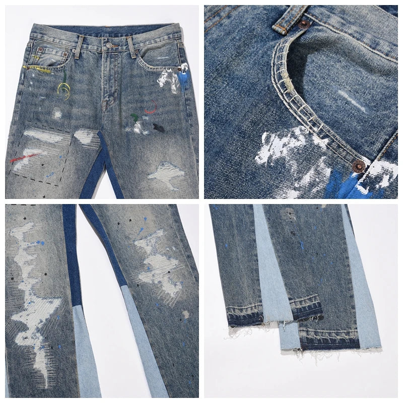 blue speckle ink washed destroyed flared jean pants hip hop graffiti ripped denim jeans for men streetwear vintage wide jeans unique jeans style 4451