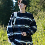 Retro Korean Street Pullover – Autumn Japanese Retro Striped Sweatshirts For Men And Women Y2K Streetwear Crewneck Long Sleeve T Shirts Casual Pocket Knit Tops | Zip Knit Drop #47