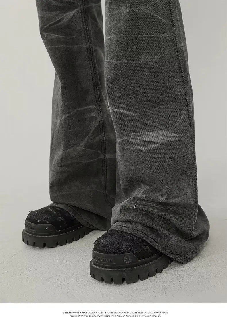 american tie dyed washed flared jeans european and american streetwear ripple design mens trendy distressed flare denim pants unique jeans style 477