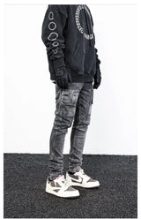 side pocket denim retro jeans mens biker zipper jean trousers hip hop fashion high street slim fit pants joggers y2k men s jeans unique joggers style 2935