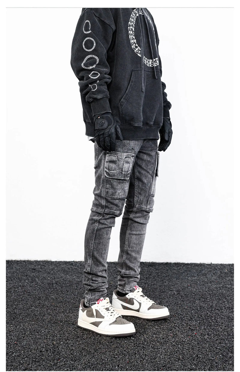 side pocket denim retro jeans mens biker zipper jean trousers hip hop fashion high street slim fit pants joggers y2k men s jeans unique joggers style 2935