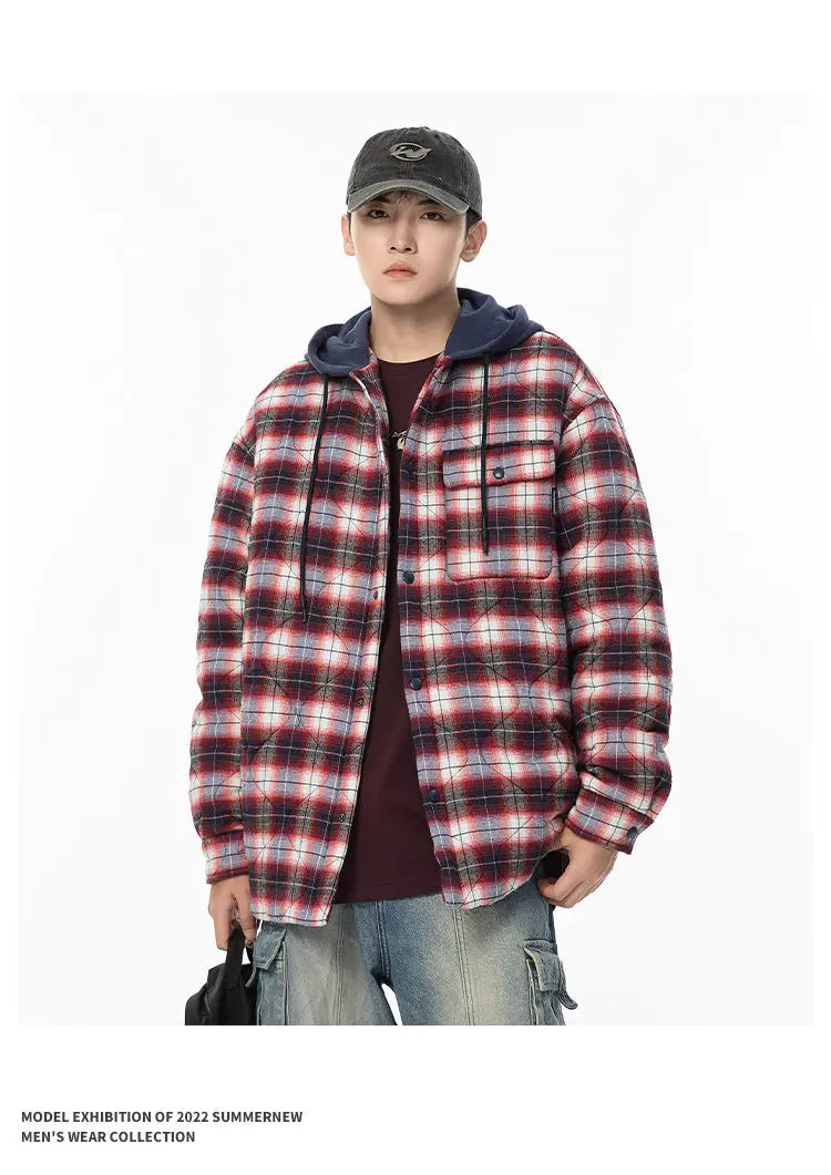 Winter Quilted Thick Plaid Hooded Jacket Men Wmen Streetwear Fashion Oversize Loose Casual Hoody Jacket Padded-cotton Parka Coat