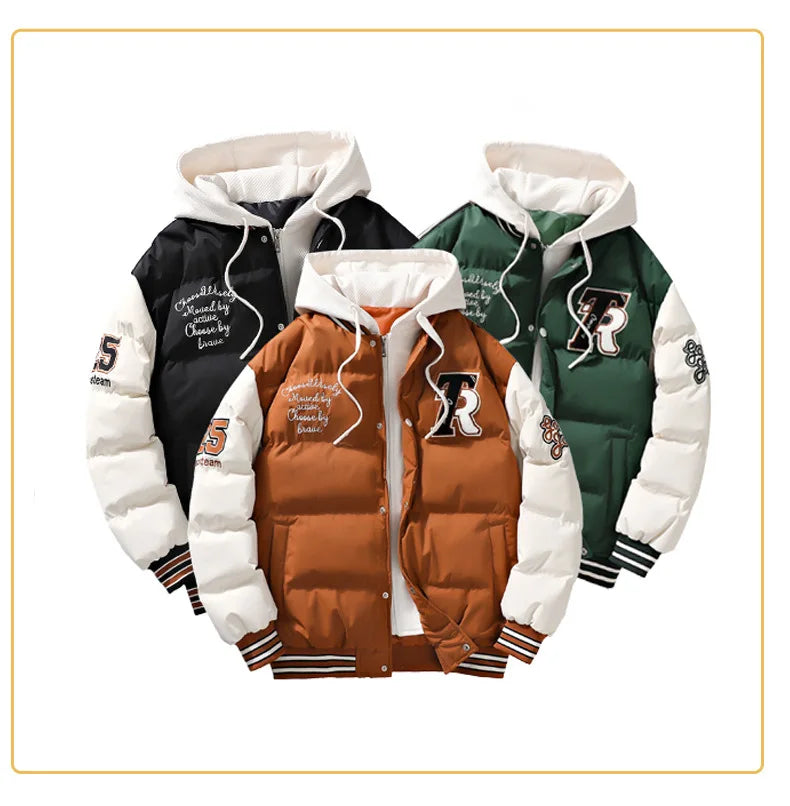 Winter Jacket Men's Two-piece  Hooded Cotton College Style Large Size Warm Baseball Varsity Jacket