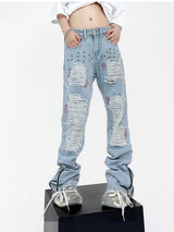destroy ripped holes patchwork denim jeans men unisex casual rivet bottom zipper trousers jeans streetwear hip hop pants joggers unique joggers style 3640