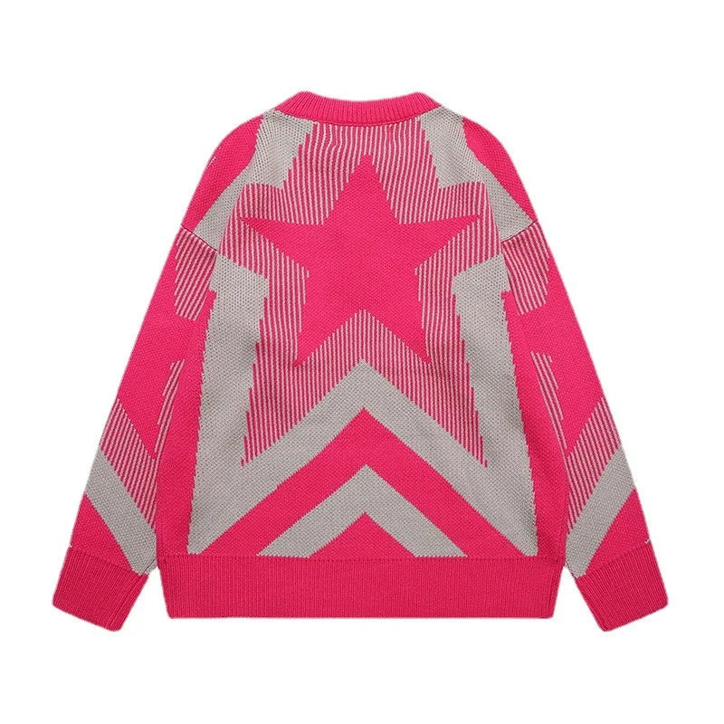 stars knitted sweater unisex harajuku letter embroidery sweater casual pink color pullover streetwear sweaters jumpers knitwear Y2K vintage urban hoodie, high quality cotton pullover, unique limited edition hoodie