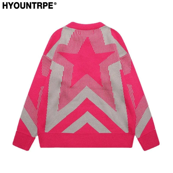 stars knitted sweater unisex harajuku letter embroidery sweater casual pink color pullover streetwear sweaters jumpers knitwear Y2K vintage urban hoodie, high quality cotton pullover, unique limited edition hoodie
