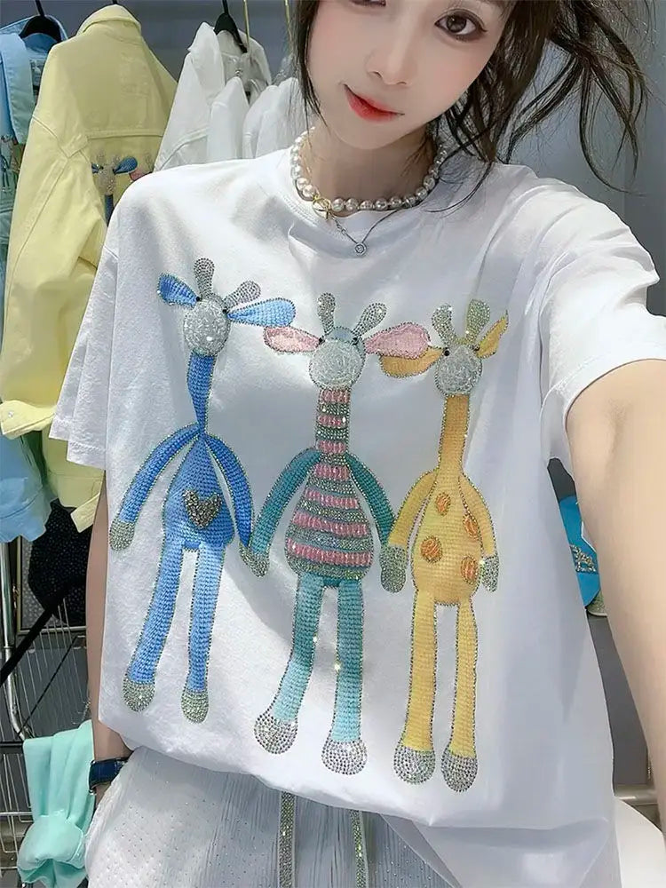 Gothic Aesthetic print tee – New Luxury Sweet Girl Giraffe Diamonds Crystals T Shirts Kor