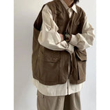 japanese street mens 3 piece set multi pocket camping vest solid cargo shirt side pockets casual pants suit couple trend set unique cargo style 4628