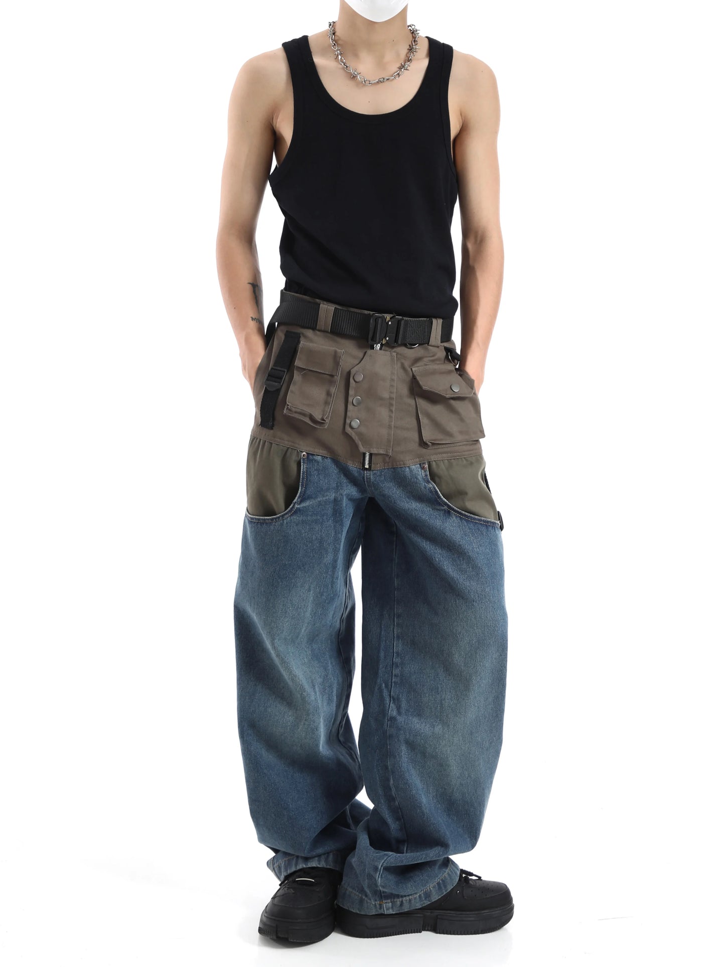 high street cargo pocket patchwork denim jeans pants unisex fashion loose wide leg straight functional tactics pants joggers men unique joggers style 1749