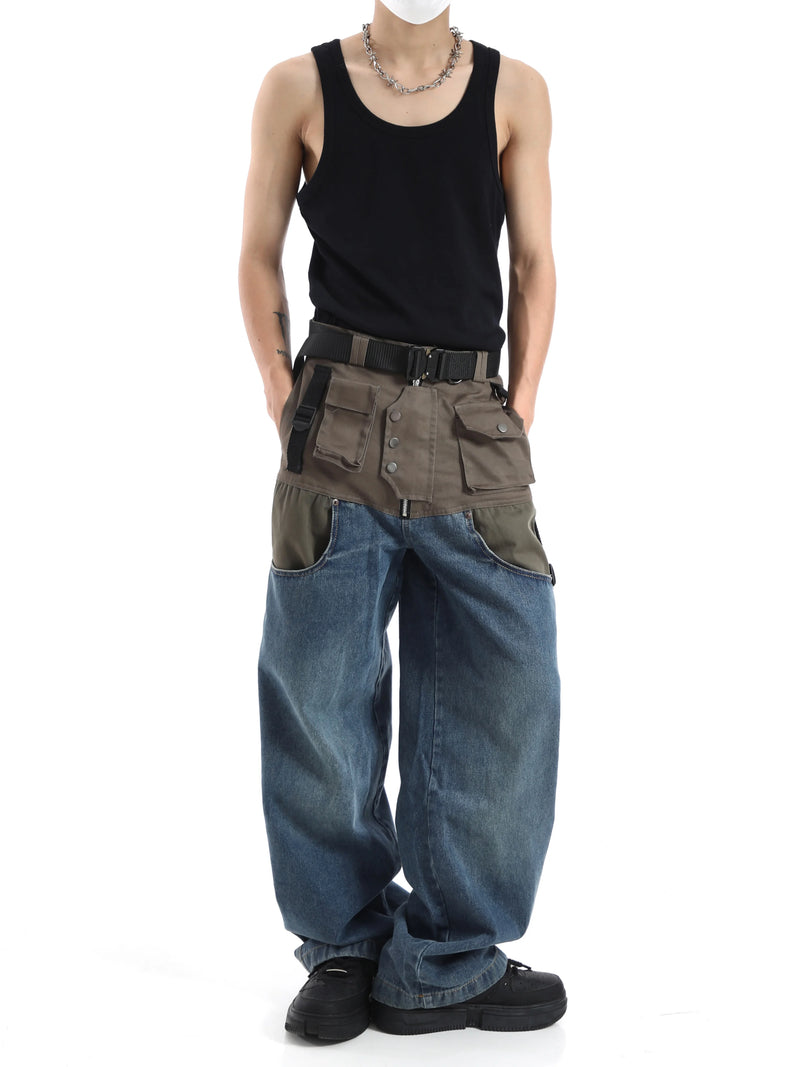 high street cargo pocket patchwork denim jeans pants unisex fashion loose wide leg straight functional tactics pants joggers men unique joggers style 1749