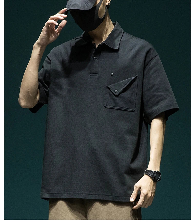 Gothic Angelcore design – Summer New Button Pocket Polo Shirt For Men Casual Short Sle
