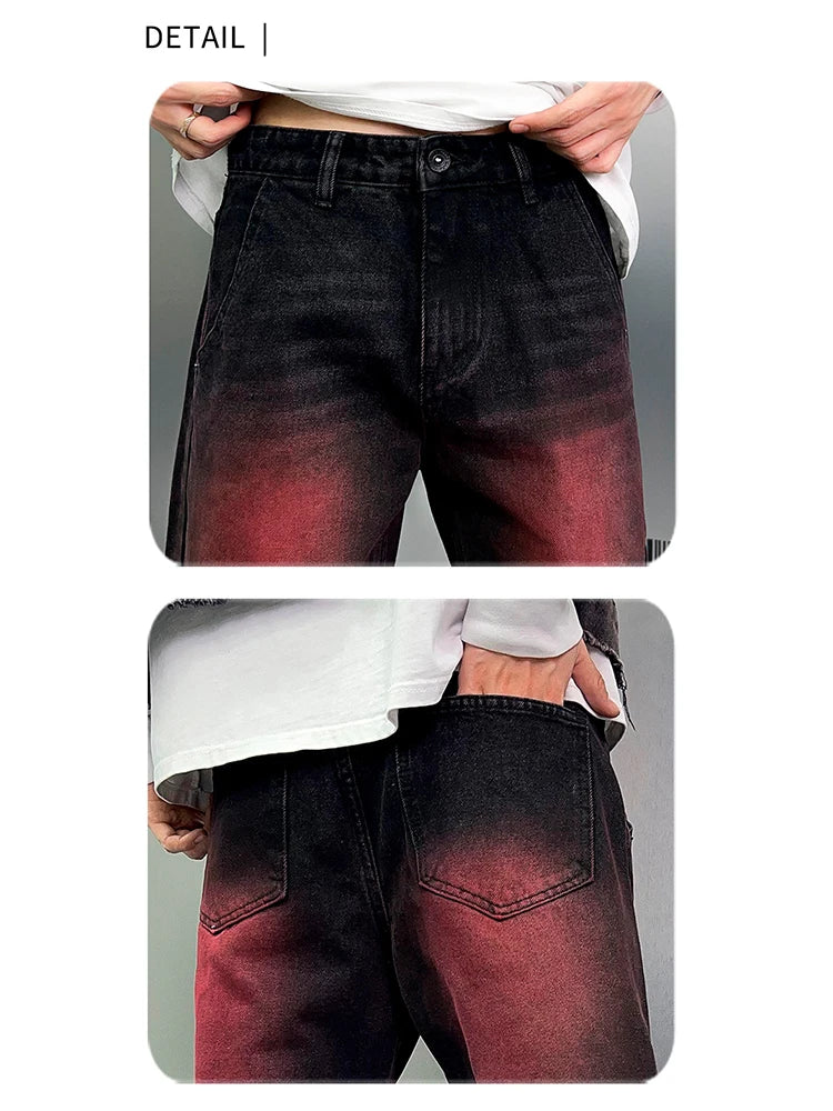 2024 spring autumn high street wide leg denim pants men render red loose straight jeans y2k fashion streetwear baggy trousers unique jeans style 4416