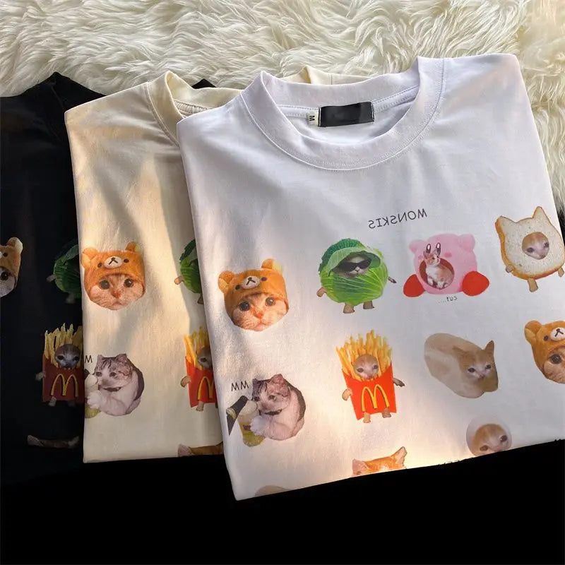 Y2K Graphic Tee – Korean Brand Cute Cats Sticker Printed T Shirts Short Sleeve – Modern Streetwear for Everyone