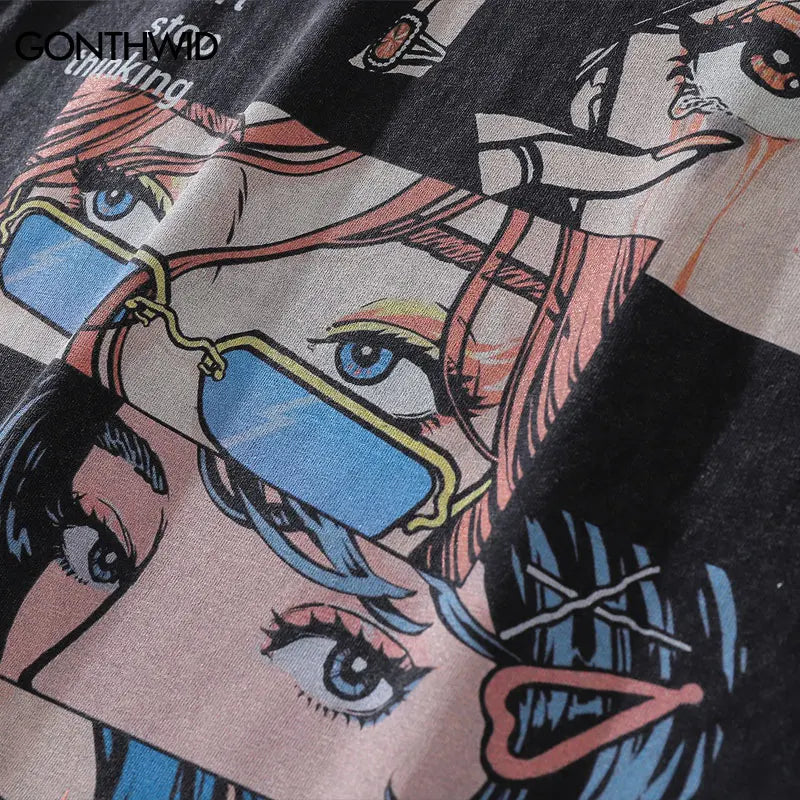 Harajuku Oversized Shirt – Distressed Oversize T Shirt Streetwear Japanese Anime Eyes P – Urban Streetwear for Men & Women