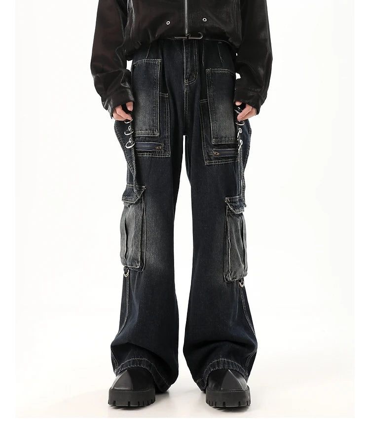fashion punk rings streetwear loose pants unisex casual multiple pockets wide legs jean pants hip hop joggers men baggy jeans unique joggers style 1502