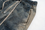 RO Style Gradient Ribbons Multi-pockets Drawstring Jeans for Men Harajuku Streetwear Baggy Y2K Denim Trousers Oversized Cargos