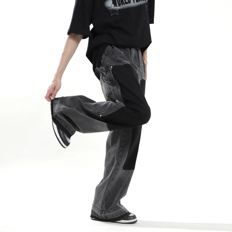 hip hop graffiti black wide leg jeans mens vintage distressed patches ink splashed jeans y2k logging cargo denim trousers women unique cargo style 4496