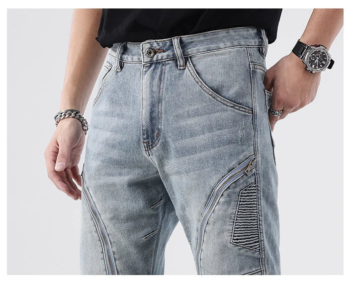 zipper hole patchwork pleated skinny denim jeans men casual slim fit biker trouser jeans fashion streetwear hip hop jean joggers unique joggers style 1791