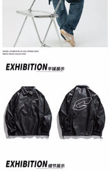 Mens Leather Bomber Jacket Women Hip Hop Letter Motorcycle Loose Casual PU Coat Unisex High Street Racing Varsity Black Outwear