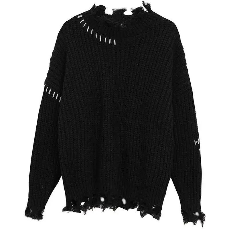 grunge knit sweater with heavyweight fabric, layered urban look for cold weather, street fashion menswear trend for seasonal 