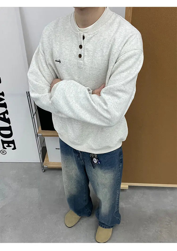Trendy Korean Retro Ins Simple Boyish Henry Collar Sweatshirt Men and Women Street Niche Y2K Loose Casual Long-sleeved Top